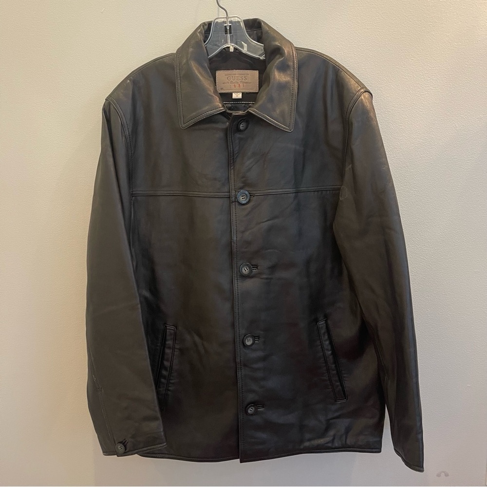 Guess Leather Jacket Men's Medium Black genuine leather button-front Vintage